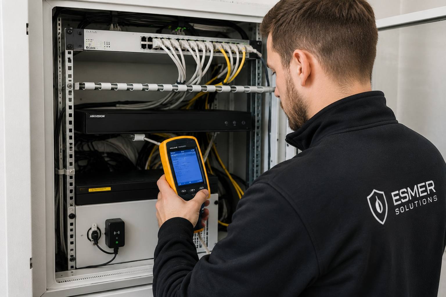 Techniker von Esmer Solutions prüft mit einem Messgerät den Technikschrank einer Videoüberwachungsanlage